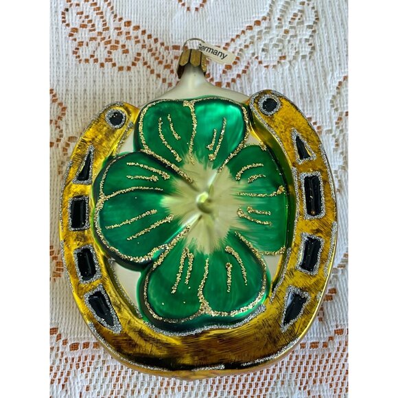 Vintage German Good Luck Horseshoe Ornament With Shamrock - Picture 4 of 8